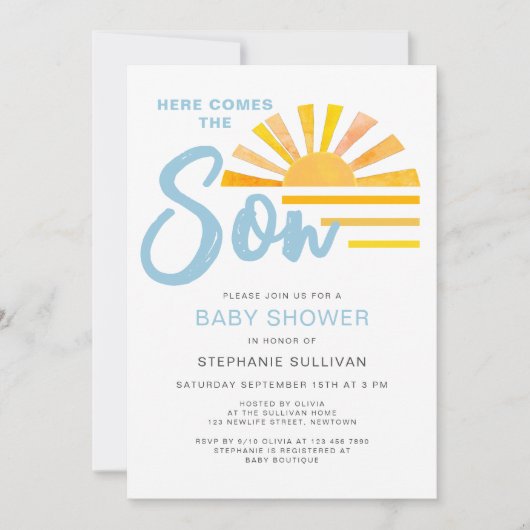 Hier komt het Baby shower van de Zonnezonne-instal Kaart (Voorkant)