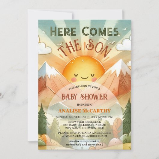 Hier komt het Baby shower van de Zonnezonne-instal Kaart (Voorkant)