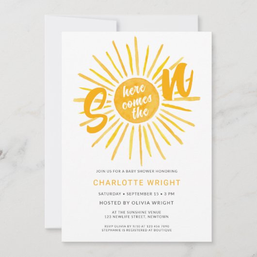 Hier komt het Baby shower van de Zonnezonne-instal Kaart (Voorkant)