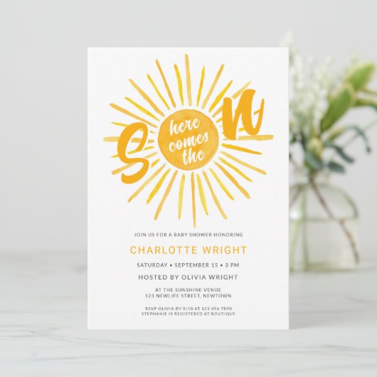 Hier komt het Baby shower van de Zonnezonne-instal Kaart (Staand voorkant)