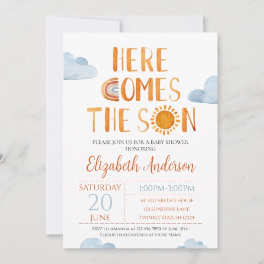 Hier komt het Baby shower van de Zonnezonne-instal Kaart (Voorkant)