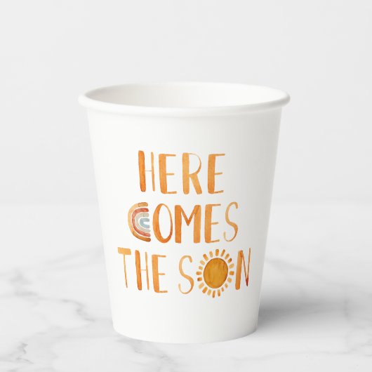 Hier komt het Baby shower van de Zonnezonne-instal Papieren Bekers (Voorkant)