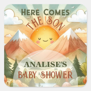 Hier komt het Baby shower van de Zonnezonne-instal Vierkante Sticker