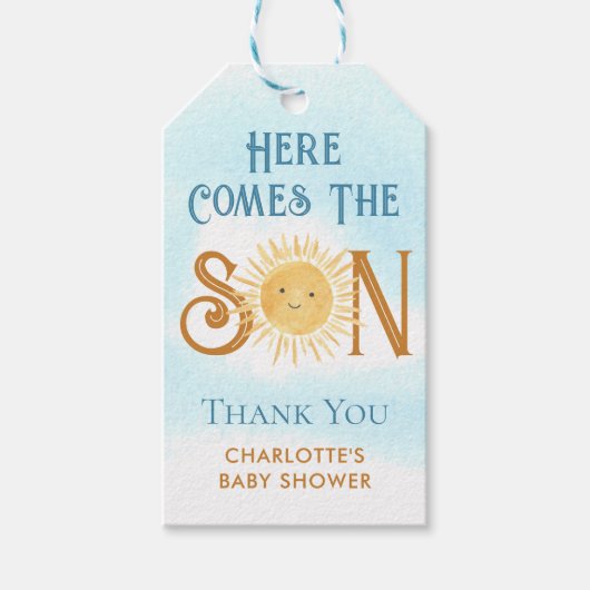 Hier komt het Baby shower van de zoon Cadeaulabel (Voorkant)