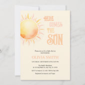 Hier komt het Baby shower van de zoon Kaart (Voorkant)