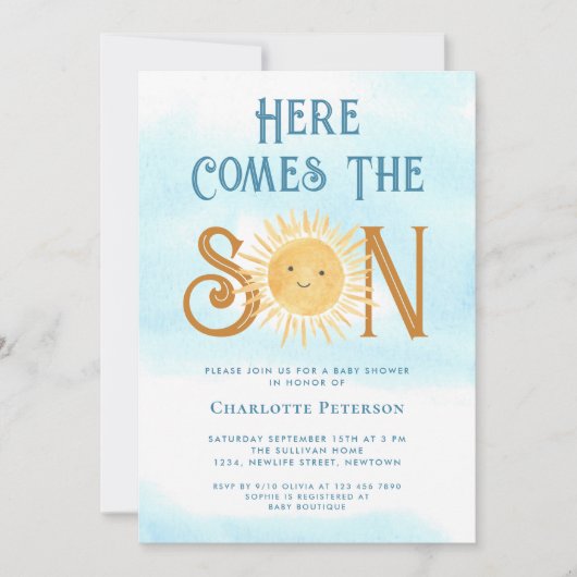 Hier komt het Baby shower van de zoon Kaart (Voorkant)