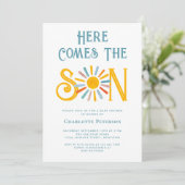 Hier komt het Baby shower van de zoon Kaart (Staand voorkant)