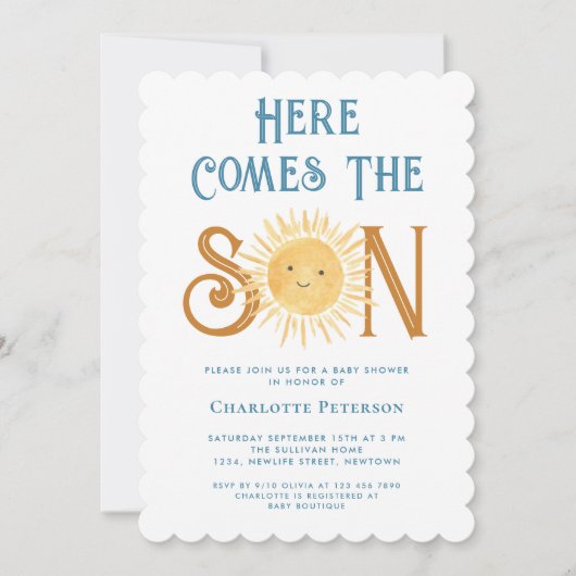 Hier komt het Baby shower van de zoon Kaart (Voorkant)