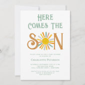 Hier komt het Baby shower van de zoon Kaart (Voorkant)