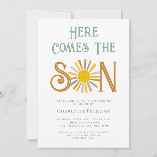 Hier komt het Baby shower van de zoon Kaart (Voorkant)