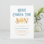 Hier komt het Baby shower van de zoon Kaart (Staand voorkant)