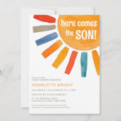 Hier komt het Baby shower van de zoon Kaart (Voorkant)