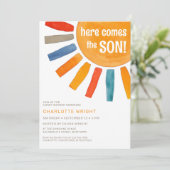 Hier komt het Baby shower van de zoon Kaart (Staand voorkant)