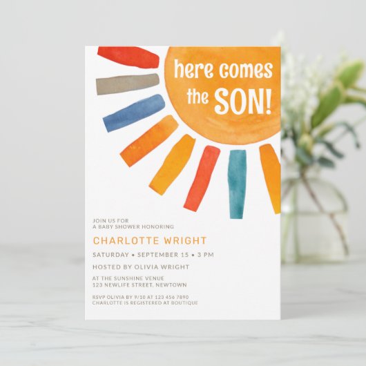 Hier komt het Baby shower van de zoon Kaart (Staand voorkant)