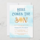 Hier komt het Baby shower van de zoon Kaart (Voorkant)