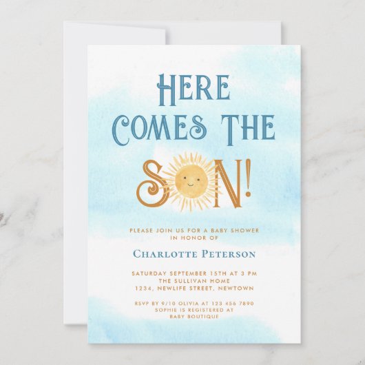 Hier komt het Baby shower van de zoon Kaart (Voorkant)