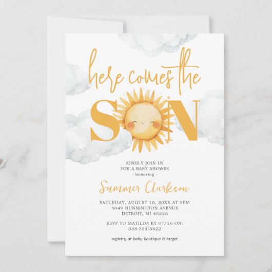 Hier komt het Baby shower van de zoon Kaart (Voorkant)