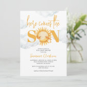 Hier komt het Baby shower van de zoon Kaart (Staand voorkant)