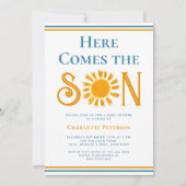 Hier komt het Baby shower van de zoon Kaart (Voorkant)