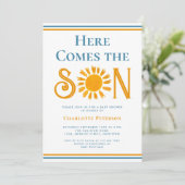 Hier komt het Baby shower van de zoon Kaart (Staand voorkant)