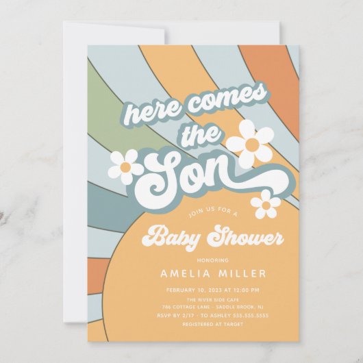 Hier komt het Baby shower van de zoon Kaart (Voorkant)