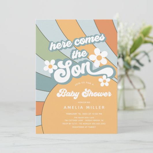 Hier komt het Baby shower van de zoon Kaart (Staand voorkant)