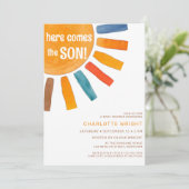 Hier komt het Baby shower van de zoon Kaart (Staand voorkant)