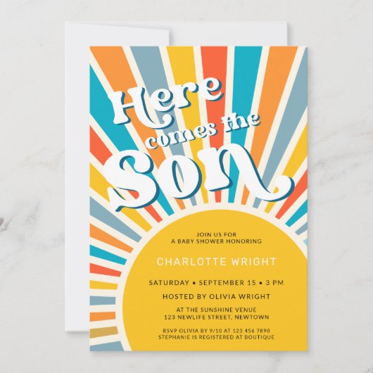 Hier komt het Baby shower van de zoon Kaart (Voorkant)