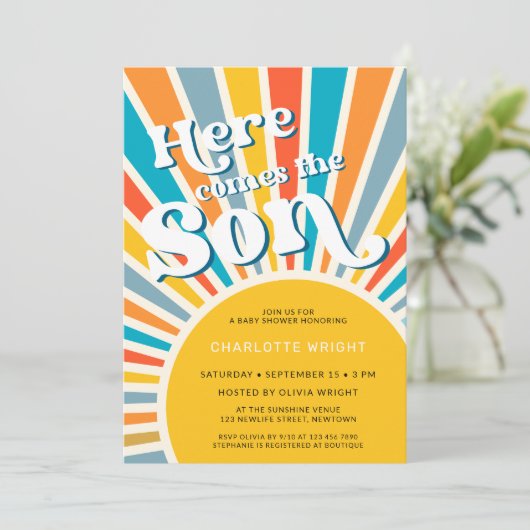 Hier komt het Baby shower van de zoon Kaart (Staand voorkant)