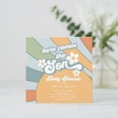 Hier komt het Baby shower van de zoon Kaart (Staand voorkant)