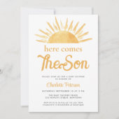 Hier komt het Baby shower van de zoon Kaart (Voorkant)