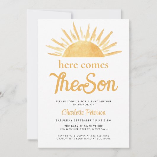 Hier komt het Baby shower van de zoon Kaart (Voorkant)