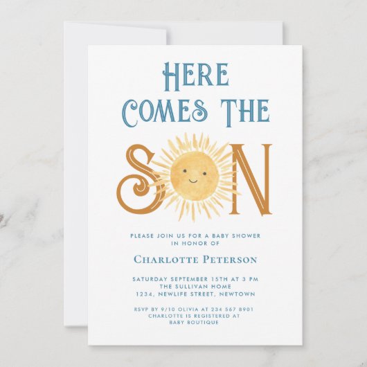 Hier komt het Baby shower van de zoon Kaart (Voorkant)