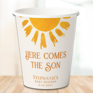 Hier komt het Baby shower van de zoon Papieren Bekers