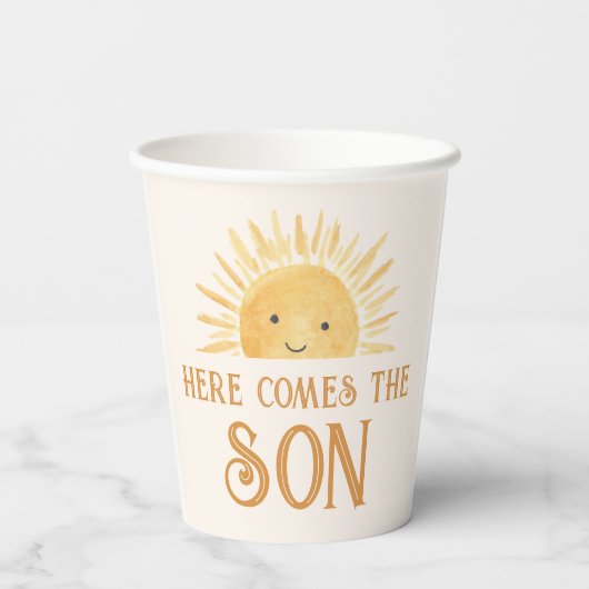 Hier komt het Baby shower van de zoon Papieren Bekers (Achterkant)