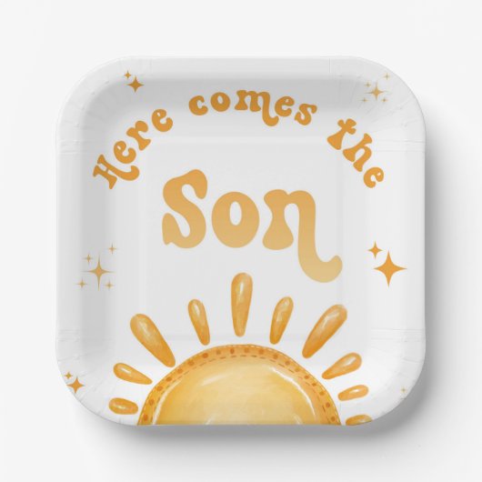 Hier komt het Baby shower van de zoon Papieren Bordje (Voorkant)