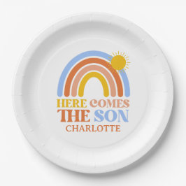 Hier komt het Baby shower van de zoon Rainbow Boy Papieren Bordje