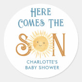 Hier komt het Baby shower van de zoon Ronde Sticker (Voorkant)