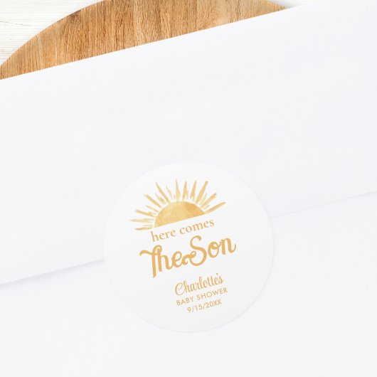 Hier komt het Baby shower van de zoon Ronde Sticker