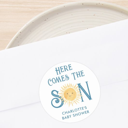 Hier komt het Baby shower van de zoon Ronde Sticker