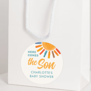 Hier komt het Baby shower van de zoon Ronde Sticker