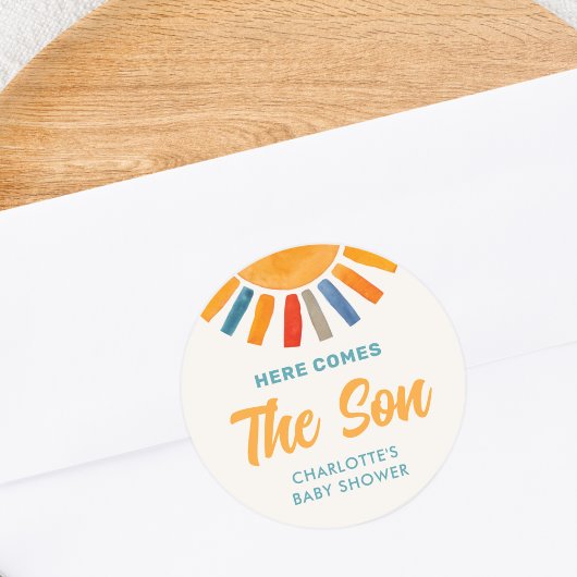 Hier komt het Baby shower van de zoon Ronde Sticker