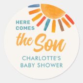 Hier komt het Baby shower van de zoon Ronde Sticker (Voorkant)