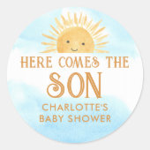 Hier komt het Baby shower van de zoon Ronde Sticker (Voorkant)
