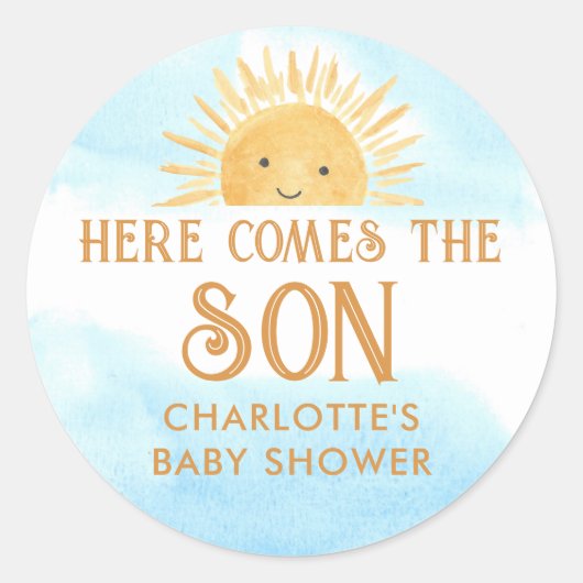 Hier komt het Baby shower van de zoon Ronde Sticker (Voorkant)