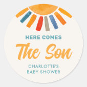 Hier komt het Baby shower van de zoon Ronde Sticker (Voorkant)