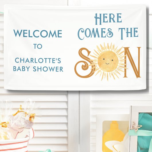 Hier komt het Baby shower van de zoon Spandoek