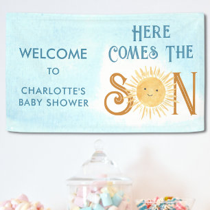 Hier komt het Baby shower van de zoon Spandoek