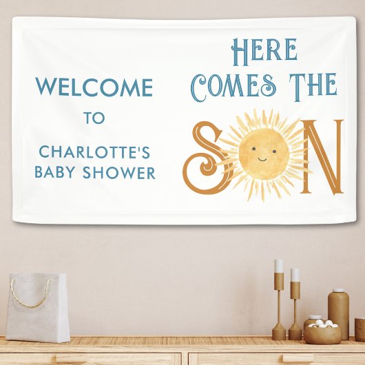 Hier komt het Baby shower van de zoon Spandoek
