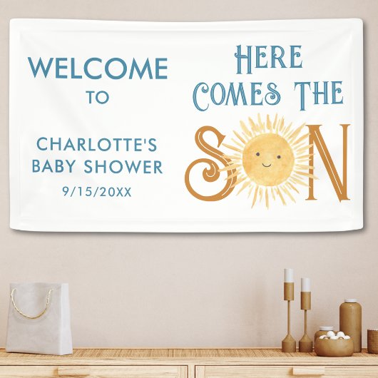 Hier komt het Baby shower van de zoon Spandoek